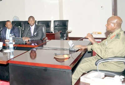 President Museveni (r) meeting newly elected Kyabazinga William Gabula Nadiope at State House in Entebbe