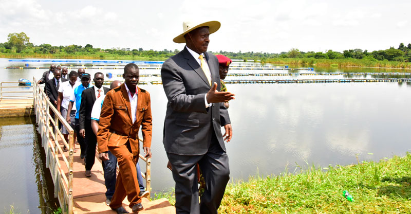 President Museveni tours a dam constructed by Government in Kole district