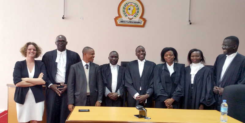 R-L: The late Ssembuusi's lawyers Nicholas Opiyo, Harriet Nalukenge, Jeffrey Atwine, Ojambo Bichachi representing the Attorney General of Uganda, Tanzanian Advocate William Ernest representing the United Nations and African Union, Ugandan Lawyer, Gimara Francis and Alinda from UK representing MLDI and 19 others.