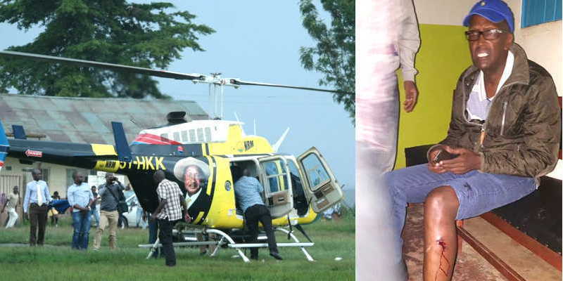 Right,        Lt. Gen. Tumukunde showing gun-shot wounds he sustained in the fracas. On the left is a super-imposed photo showing the copter he flew to Amama Mbabazi's rally in an apparent provocative move[/caption]

No one,      it seems is feeling sorry for Gen. Henry Tumukunde who was wounded in yesterday's fracas between the police and angry young people who were protesting alleged rigging in the elections of the youth member of parliament for the western region that were held in Fort Portal town.

It is understood that Tumukunde was in town to support his son Amanya Tumukunde who was contesting the youth MP seat against two others, most notably Mwine Mpaka Rwamirama, the son of Agriculture State Minister Bright Rwamirama.

Media reports had indicated that Gen. Tumukunde was hit by a tear-gas cannister that was fired by military police officers who were trying to calm angry supporters of Tumukunde's son. But in a press conference he addressed, Tumukunde told reporters that he had been short with a bullet not a tear-gas canister. The police officers had been deployed to maintain peace during elections for the Western Youth MP in Fort Portal town.

Tumukunde, the former head of Internal Security Organisation (ISO), allegedly tried to throw his weight around by issuing orders to deployed police officers. But the police officers would have none of it. Mpaka Rwamirama defeated Amanya Tumukunde with a difference of 97 votes polling 660 but Tumukunde described the exercise as foul play.

After the elections went against his son, Tumukunde resorted to curses and blamed the Chief of Defence Forces Gen. Katumba Wamala for trying to finish him off. Tumukunde told journalists in a press conference that the commandant of the military police Lt. Col.Karugaba had allegedly confessed to him for having received orders from Gen. Katumba.

Although Tumukunde was said to be out of danger after he checked into a clinic, his woes seemed to attract no sympathies from the general public many of whom appeared to blame the three-star general's predicament on his arrogance and previous violent conduct.

Many commentators argued that Tumukunde is suffering from his arrogance and violent conduct.

Felix Kabuye said: “Tumukunde is reaping what he sowed. Only recently, he took an NRM helicopter to Amama Mbabazi's rally. This was very provocative. He should taste the bitter fruits of foul play.”

Catherine Anite, a Uganda young lawyer based in the United States, wondered if the fighting means the regime is collapsing because of its own crimes. “What's going on? Regime feasting on its own?”

Others reminisced about Tumukunde's arrogant statement he made many years ago that he had only about Ushs800m enough to buy him groceries.

And some took the view that the fight between the Tumukundes and Rwamiramas represents the climax of greed and sectarianism that is associated with Uganda's politics since the two people are related to the first family.

Tumukunde became part of the Museveni dynasty when he married Stella Tumukunde, a cousin to first lady Janet Museveni.

It is thought that those links helped him to rise to the top of the Internal Security Organisation (ISO). Though he fell out with President allegedly because of his extravagant lifestyle, they mended fences and got back together just before the start of the recent presidential campaigns. Tumukunde was seen trying to disrupt the rally of former premier Amama Mbabazi.

On the other hand, Minister Bright Rwamirama is a cousin to President Museveni.
</p srcset=