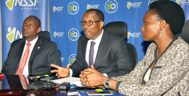 L-R Stephen Mwanje, the head of of operations, Richard Byarugaba, the MD and Barbra Arimi, the head of marketing and communications at NSSF