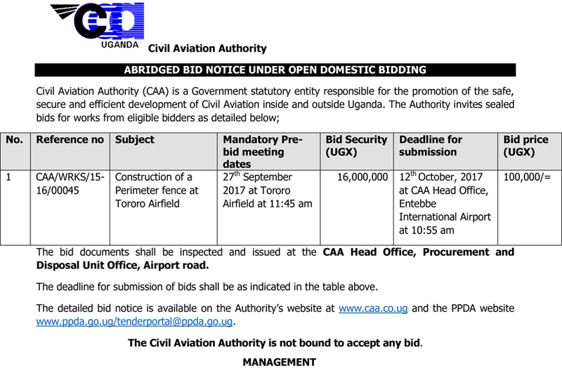 Abridged Bid Notice for Construction of a perimeter fence at Tororo Airfield (1)