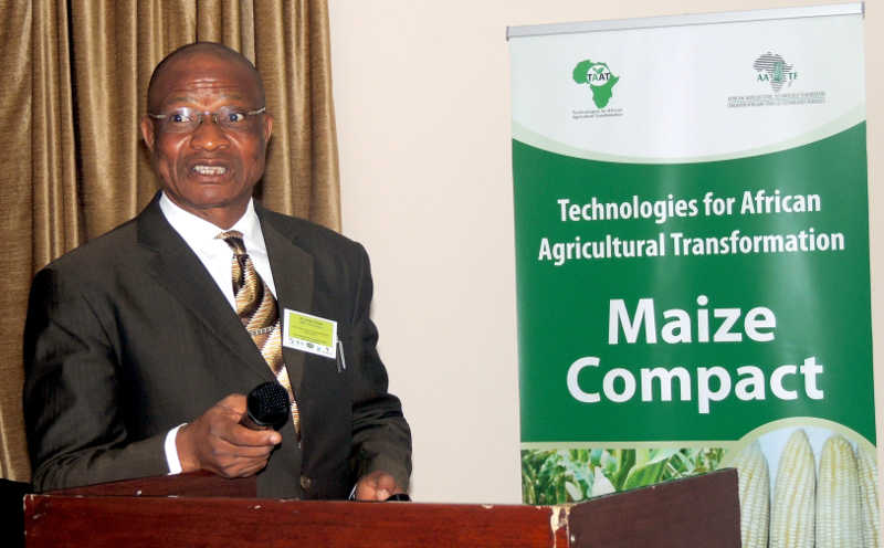 Dr. Jonas Chianu, the TAAT Africa Coordinator speaking at the launch of the Maize Compact in Kampala