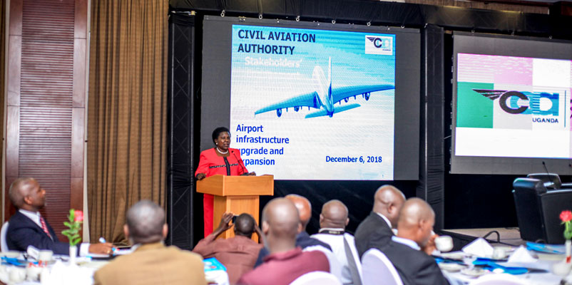 Hon. Monica Azuba Ntege delivering her remarks before a fully packed audience at the Stakeholders' Engagement Breakfast