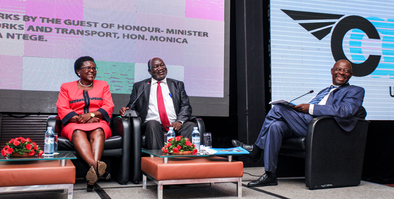 The Minister of Works and Transport, Hon. Monica Azuba Ntege (left) with CAA Board Member, Eng. Mackenzie (centre) and CAA MD, Dr. David Kakuba having a light moment during the Aviation Week Stakeholders' Engagement Breakfast at Serena Kampala Hotel on December 6, 2018.