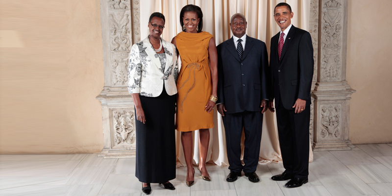 President Barack Obama and First Lady Michelle Obama pose for a photo during a reception at the Metropolitan Museum in New York with H.E. Yoweri Kaguta Museveni, President of the Republic of Uganda, and Mrs. Museveni, Wednesday, Sept. 23, 2009. (Official White House Photo by Lawrence Jackson)